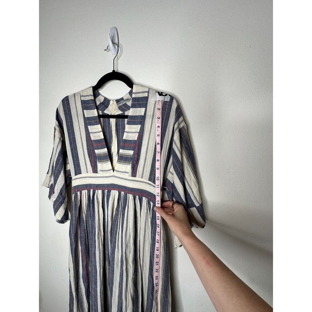Three Graces London Ferrer Tan Blue Red Stripe Short Cuff Sleeve V-Neck Dress 10 - Picture 14 of 16